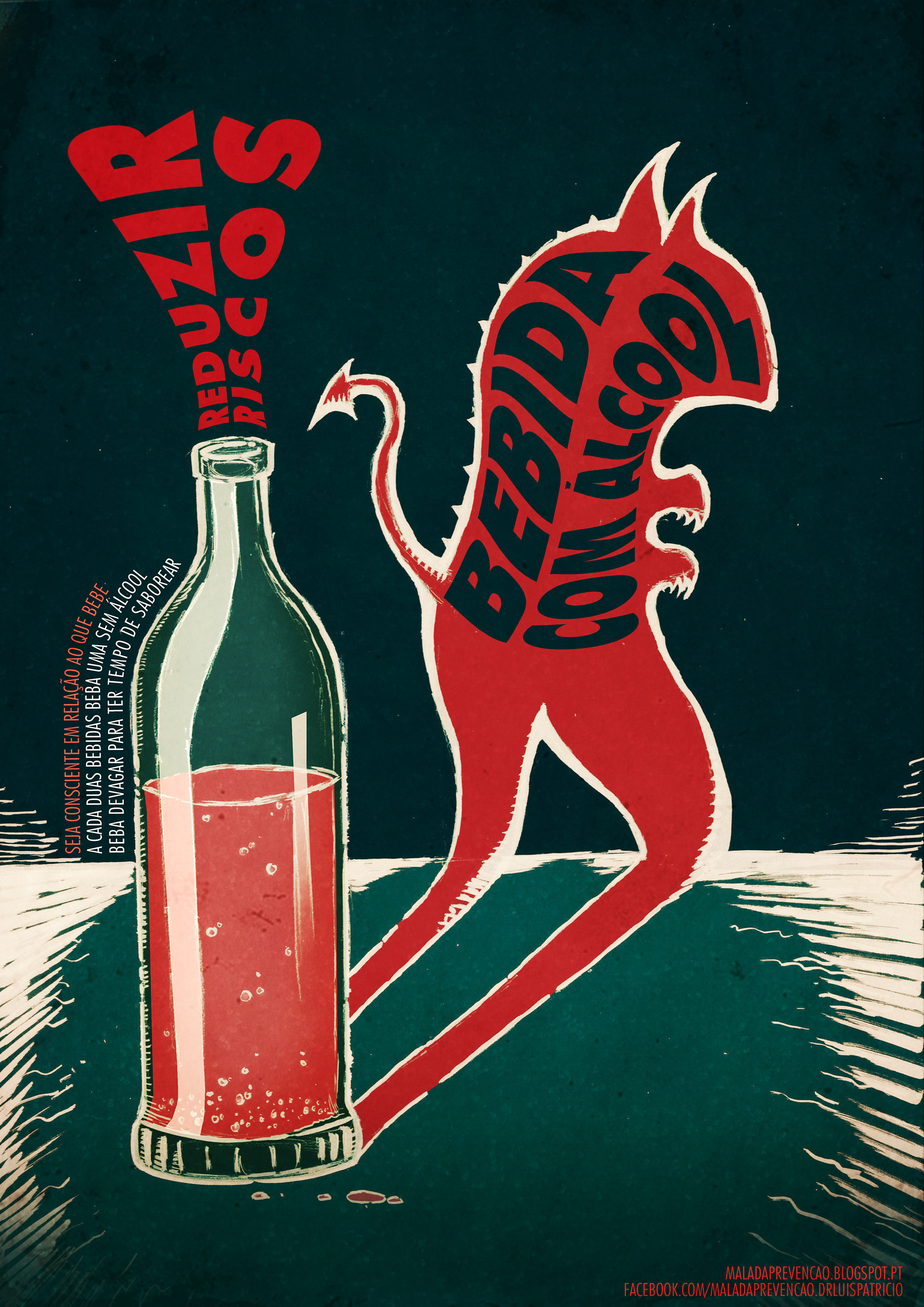 Reduzir riscos poster: a bottle casting a devil-shaped shadow