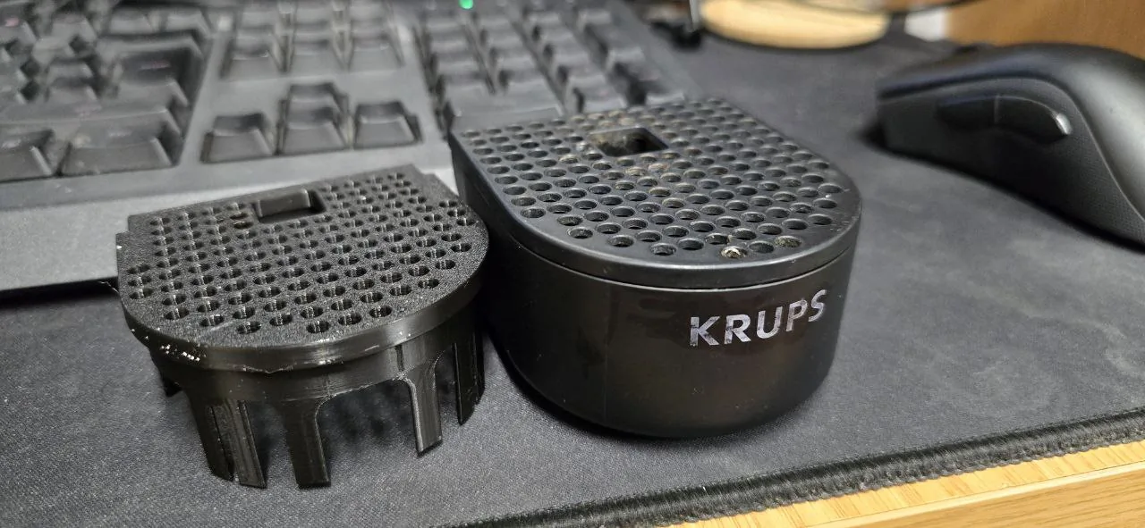 Printed drip-tray top (left) beside the original Krups tray