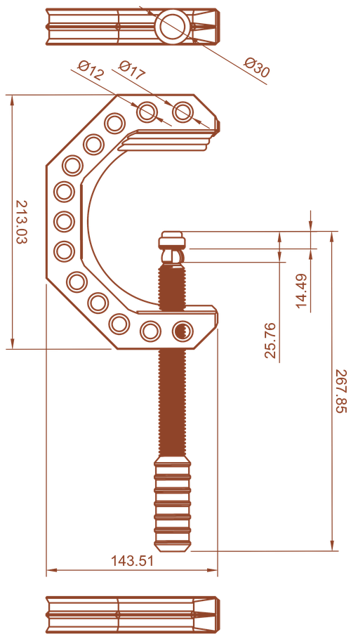 Fixed Adaptus clamp — front view with plan views, 143.5 mm wide and 267.9 mm high