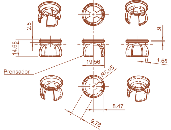 Presser part in views and sections, with its main dimensions