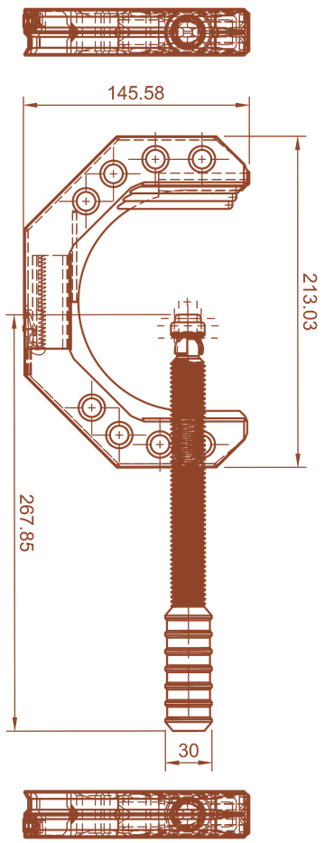 Extendable Adaptus clamp — front view with plan views, 145.6 mm wide and 267.9 mm high