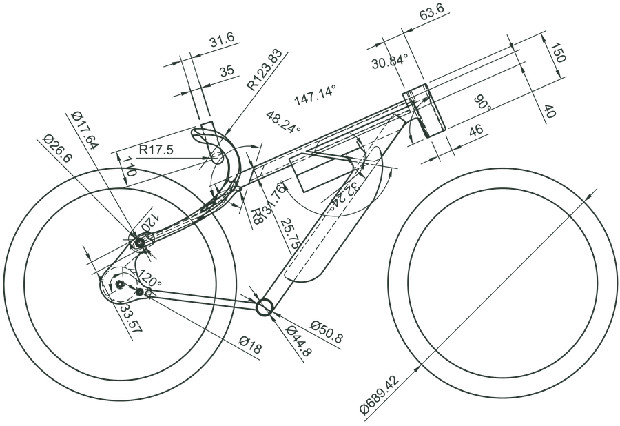 Frame geometry drawing with tube angles, joint radii and the 689 mm wheel diameter