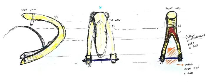Marker study of the rear stay in side, top and front views
