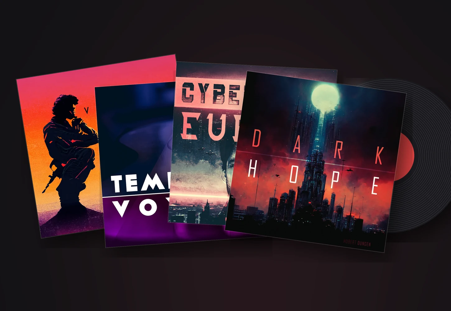 Singles — four single covers fanned like record sleeves