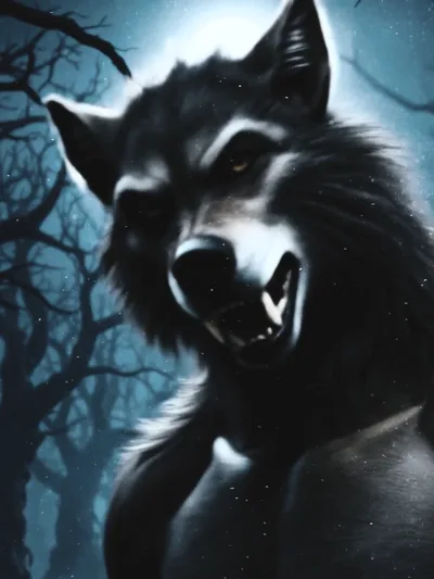 The werewolf, bared teeth, in a moonlit forest