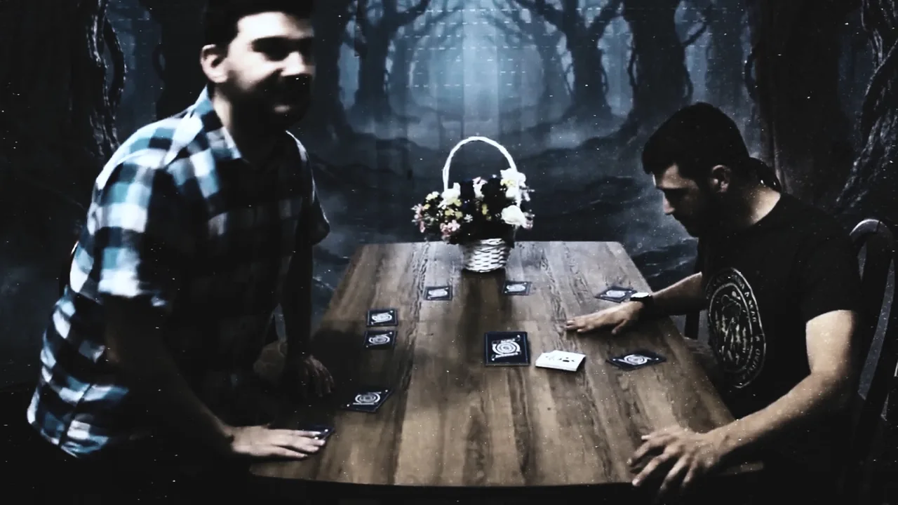 00:53 — The living room has become a forest around the card table