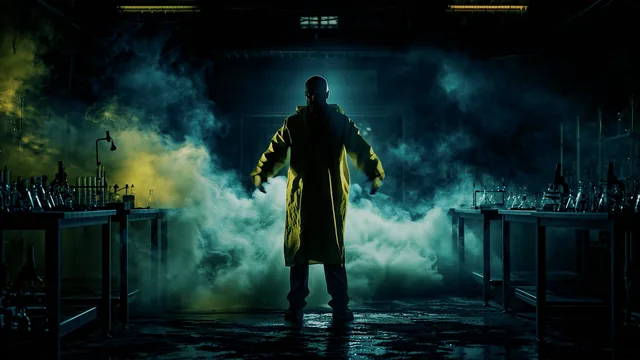 A figure in a yellow protective suit inside a smoky lab