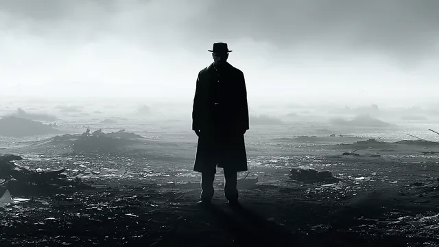 A man in a hat standing alone in a grey wasteland