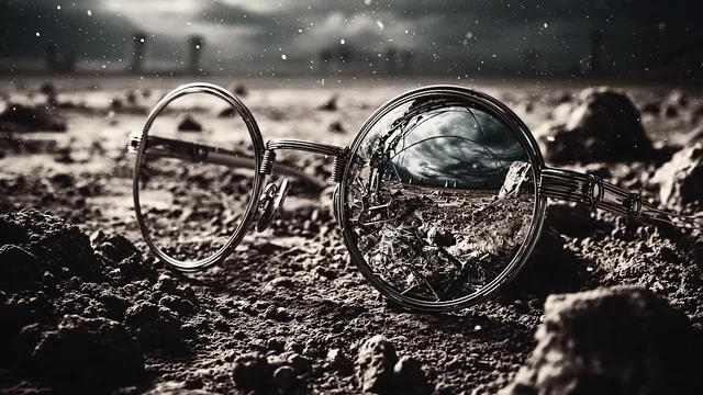 A pair of glasses lying in the dirt, one lens reflecting the sky