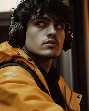 Elias Rocha, in a yellow raincoat with headphones, watching the stops