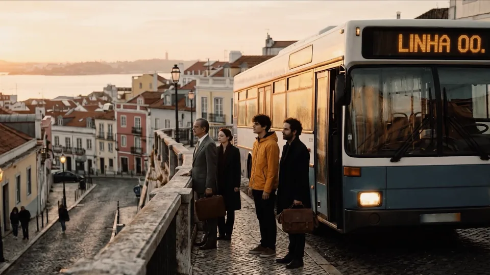 Daylight over Lisbon: the four passengers stand by the Linha 00 bus at a viewpoint