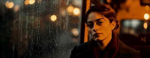 Marta by the rainy window, amber lights behind her