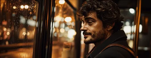 António looking out of the window, city lights blurred