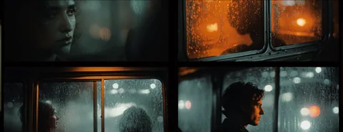 Four bus windows, each framing one of the passengers