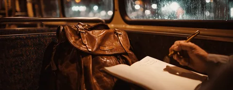 A hand with a pen finishing a drawing beside an old leather bag