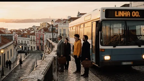 The four passengers outside the Linha 00 bus above Lisbon in full daylight
