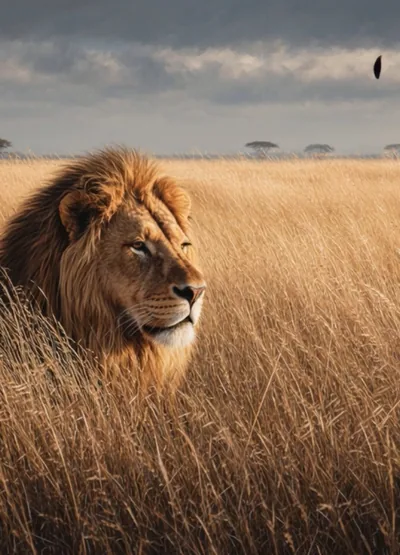 A lion in golden savanna grass