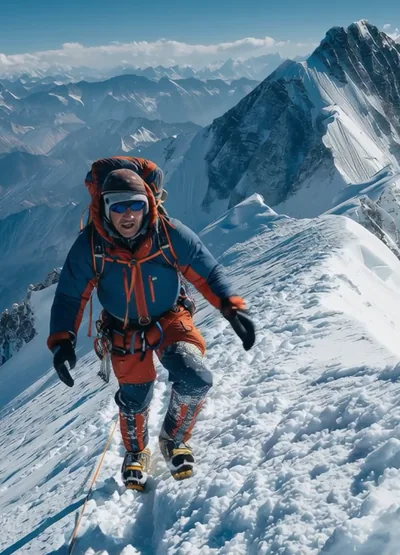 A mountaineer on a snowy ridge