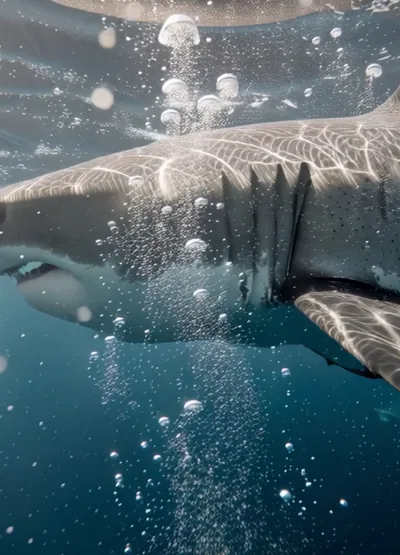 A shark gliding underwater through bubbles