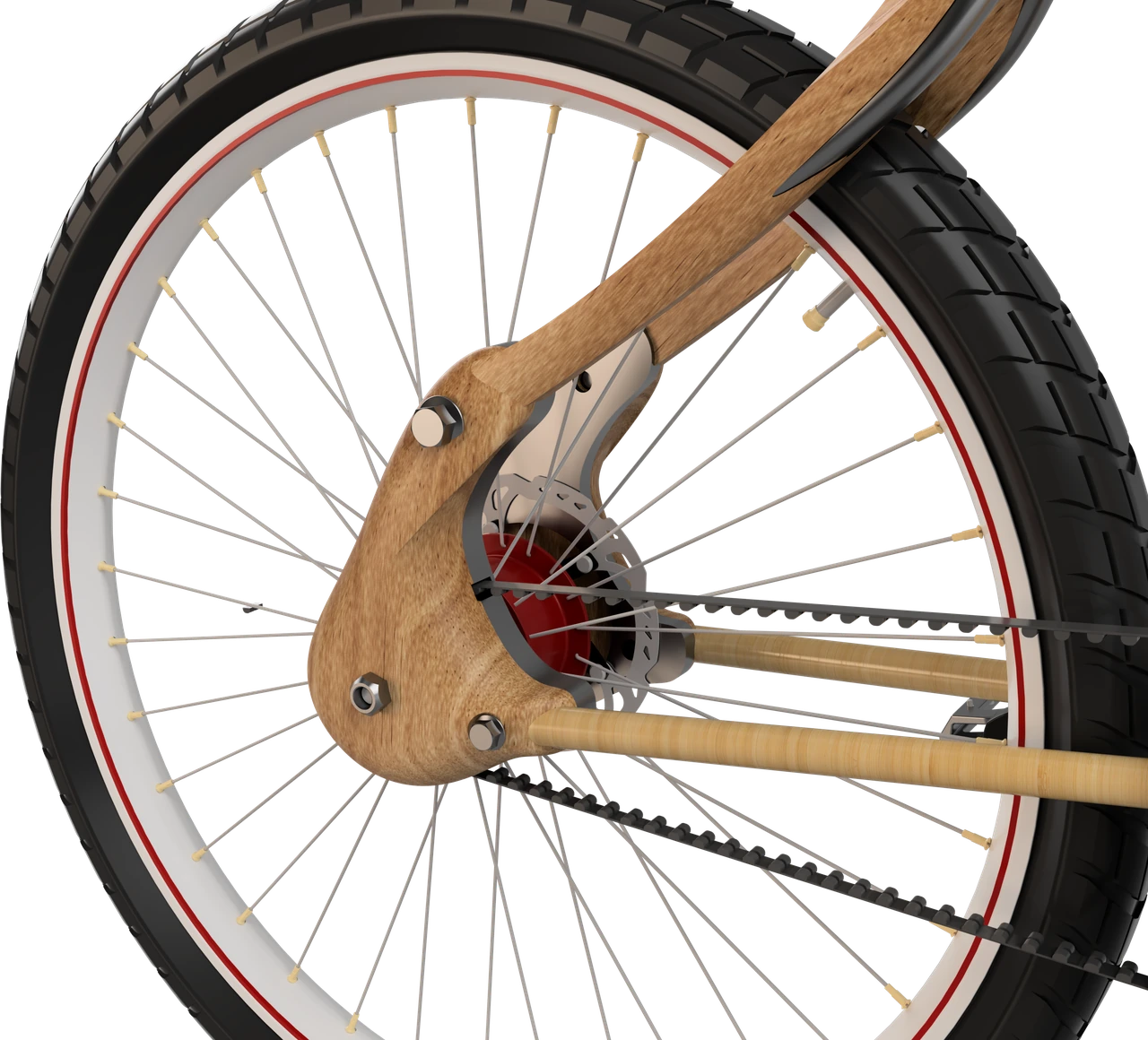 Rear wheel, drivetrain and frame connection — detail render