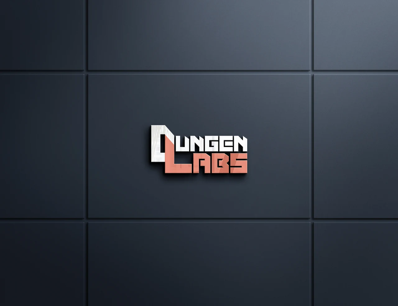 DungenLabs identity — raised logo on dark wall panels