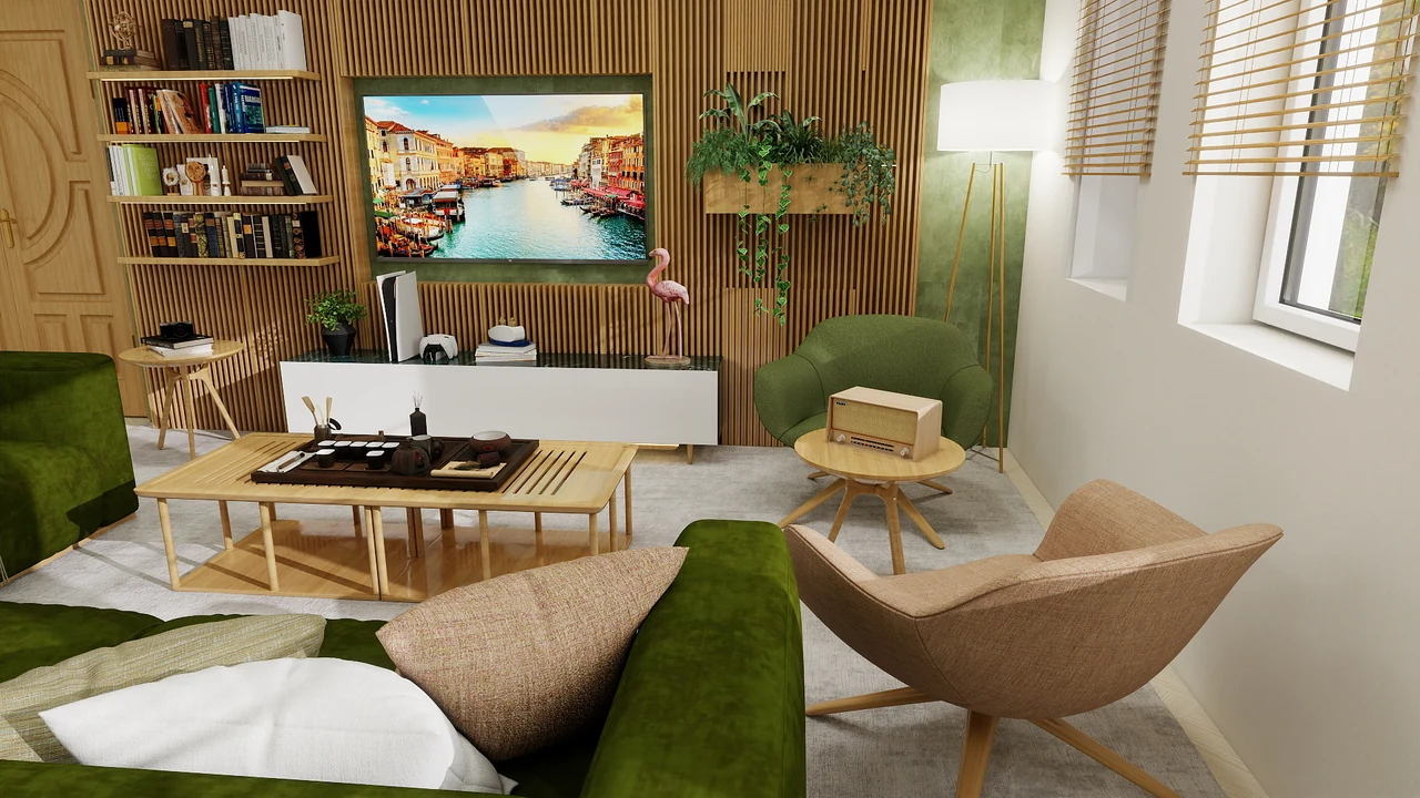 Living room render showing daylight, seating and the slatted media wall