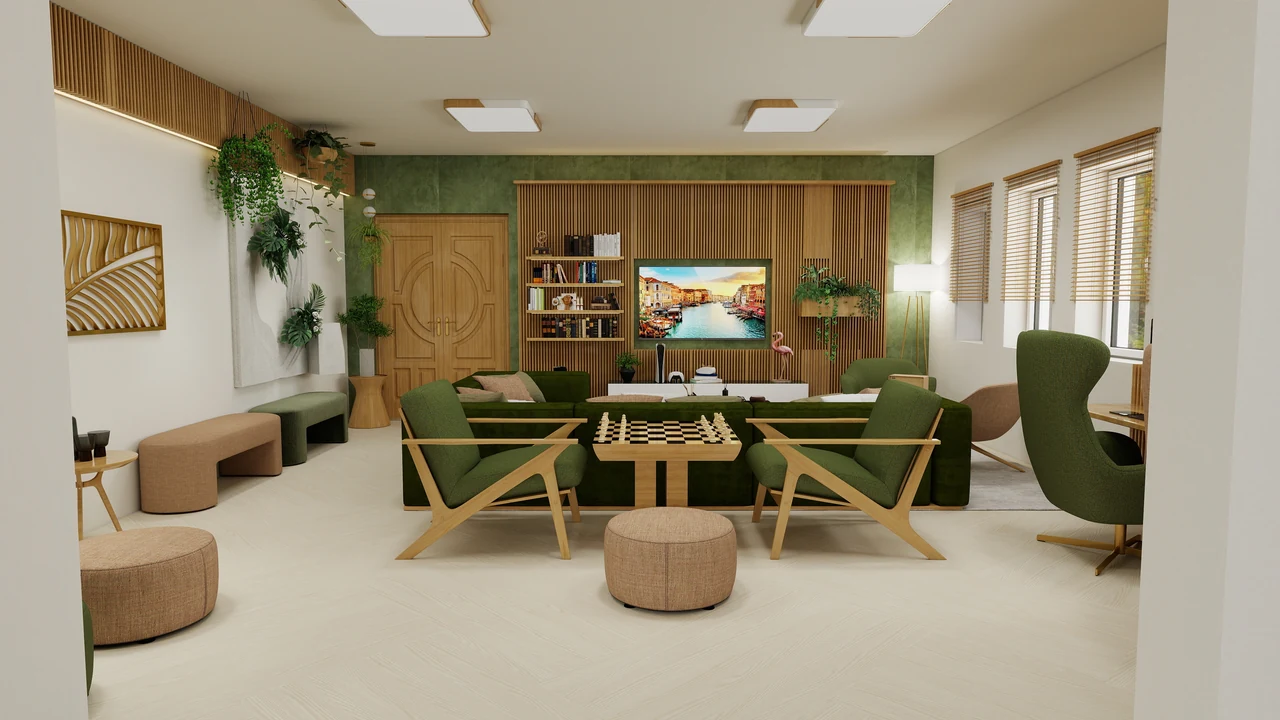 Wide view of living room with chess table and reading chairs