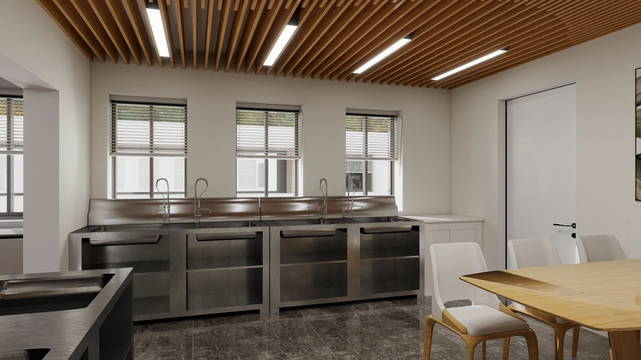 View from the dining room towards the stainless-steel serving counter