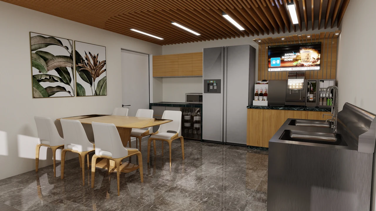 Proposed staff break room, table and kitchenette