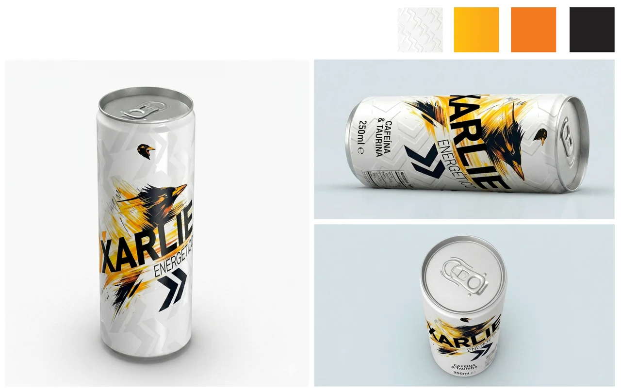 Original XARLIE can packaging mockup showing front and top views