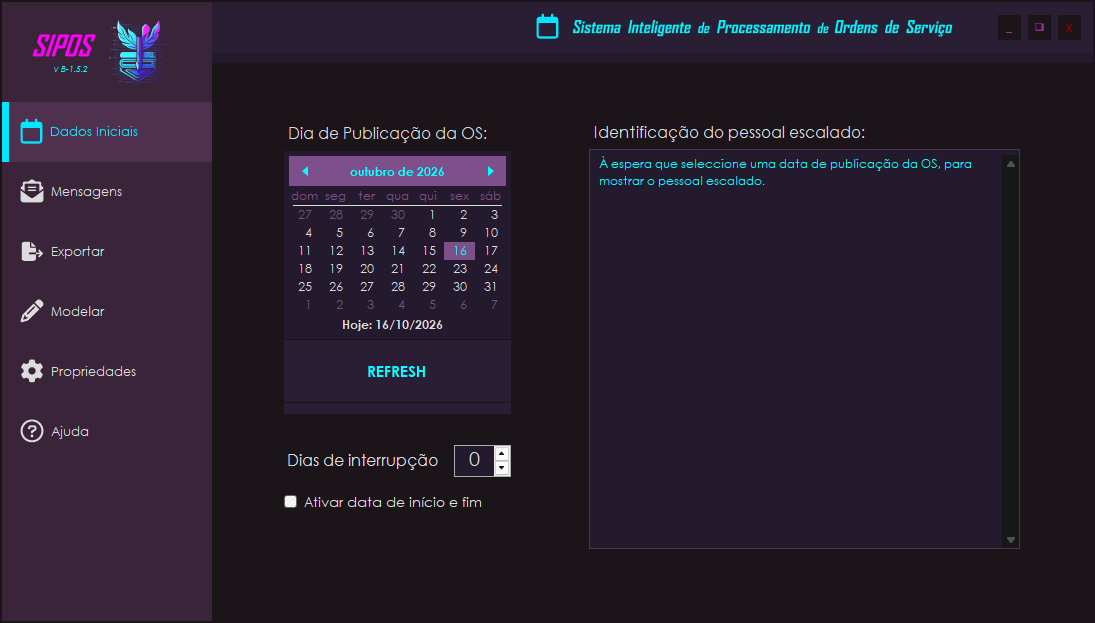 SIPOS Windows interface — publication date and duty-roster preview